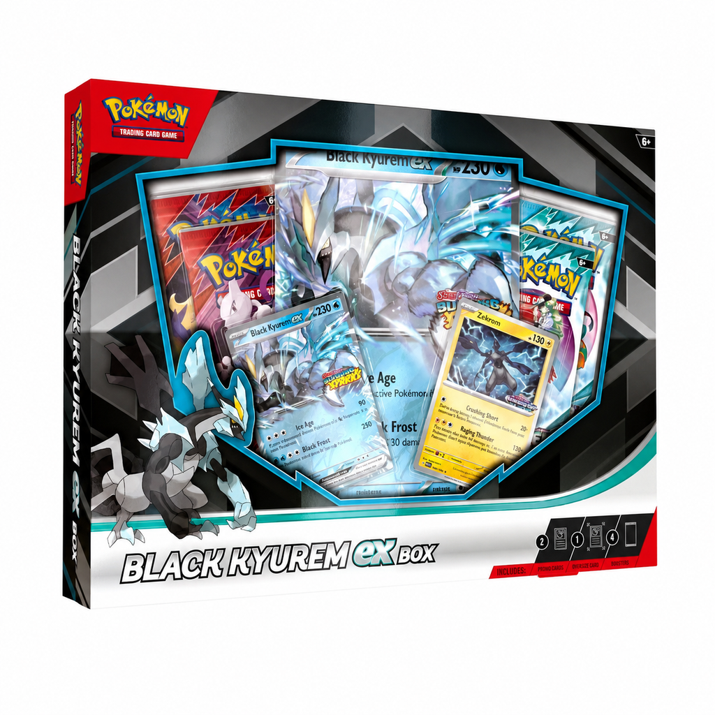 Front of sealed 2025 Pokémon Black Kyurem ex Box featuring Black Kyurem ex and Zekrom promo cards with four booster packs