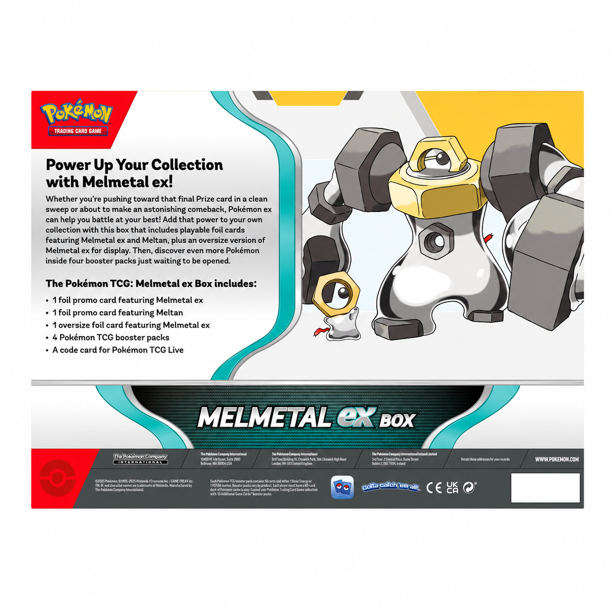 Back of 2025 Pokémon Melmetal ex Box showing Melmetal and Meltan artwork, product information, and included contents