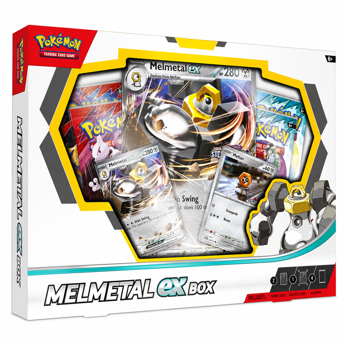 Front of sealed 2025 Pokémon Melmetal ex Box featuring Melmetal ex and Meltan promo cards with four Pokémon TCG booster packs