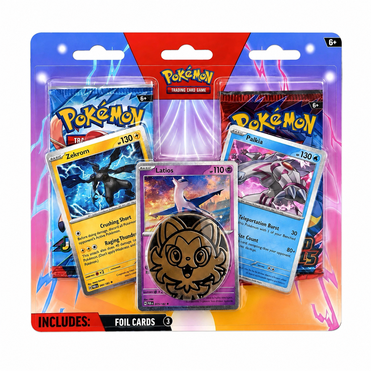 Front of 2026 Pokémon Latios, Zekrom & Palkia 2-Pack Blister with Journey Together and Destined Rivals booster packs, three foil cards, and metallic coin