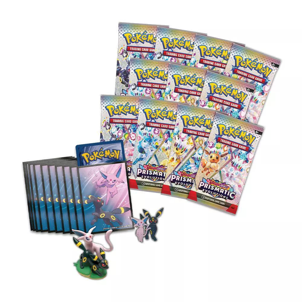 Prismatic Evolutions Premium Figure Collection contents with Espeon ex and Umbreon ex promos, figure, pin and booster packs
