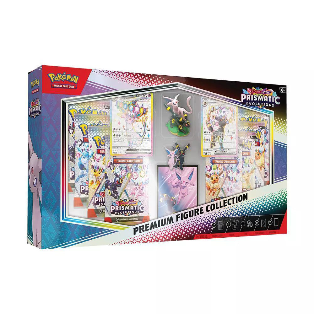 2025 Pokémon Prismatic Evolutions Premium Figure Collection sealed box featuring Espeon and Umbreon