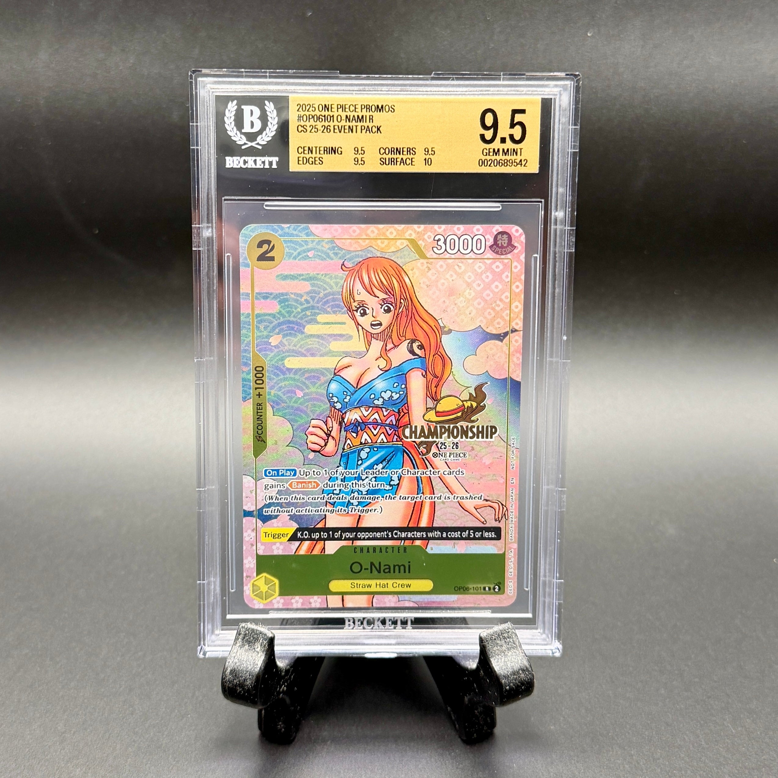 Front of 2025 One Piece O-Nami OP06-101 Championship 25-26 Event Pack promo graded BGS 9.5 Gem Mint, certification 0020689542