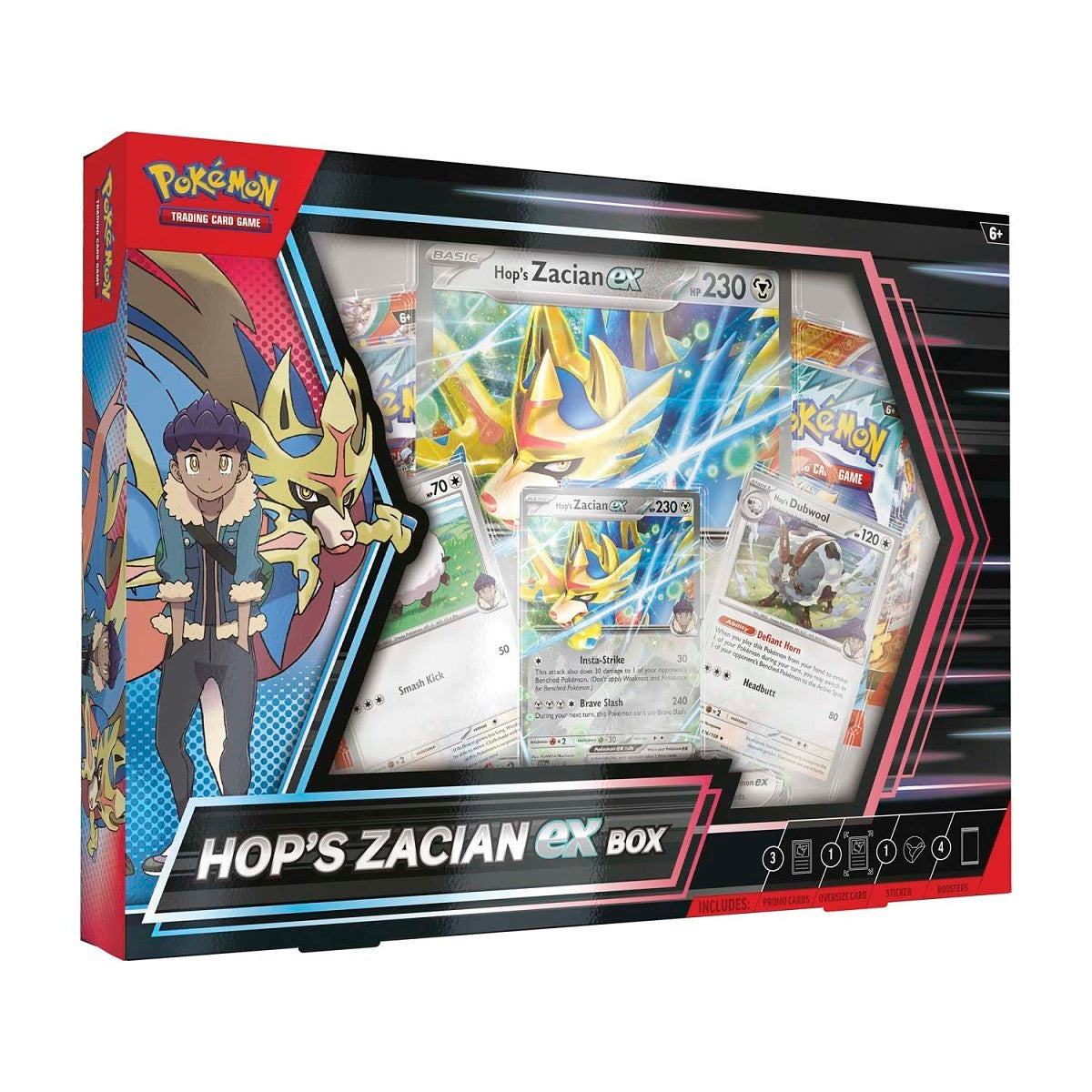 Front of sealed 2025 Pokémon Hop's Zacian ex Box featuring Zacian, Hop, promo cards, and four booster packs