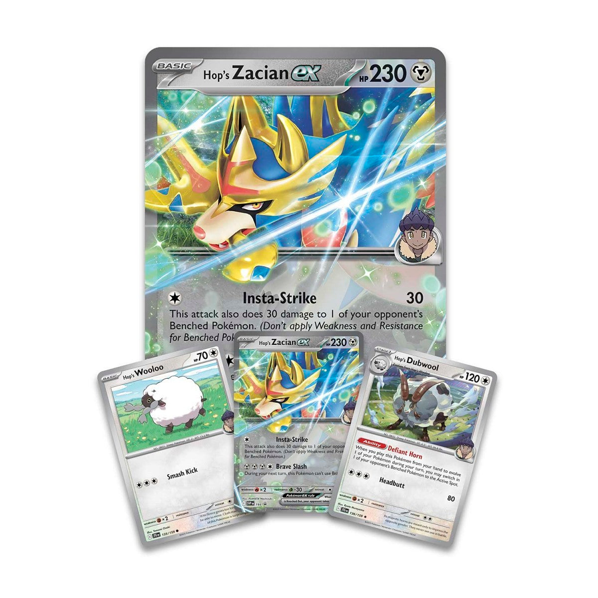 Hop's Zacian ex promo cards with Hop's Wooloo and Hop's Dubwool foil cards from Hop's Zacian ex Box