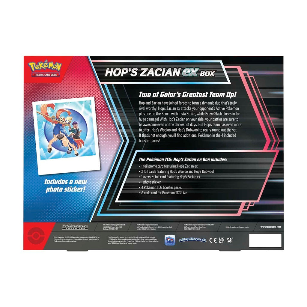 Back of 2025 Pokémon Hop's Zacian ex Box showing product details and included Pokémon TCG contents