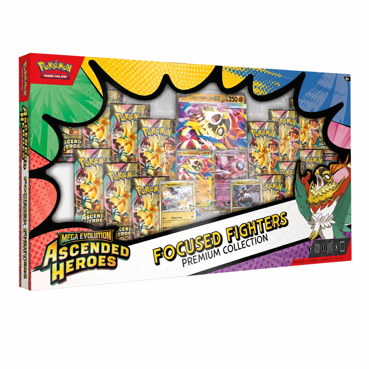 Front of sealed 2026 Pokémon Mega Evolution: Ascended Heroes Focused Fighters Premium Collection showing 14 Ascended Heroes booster packs, Mega Hawlucha ex promo cards, and oversized Mega Hawlucha ex card