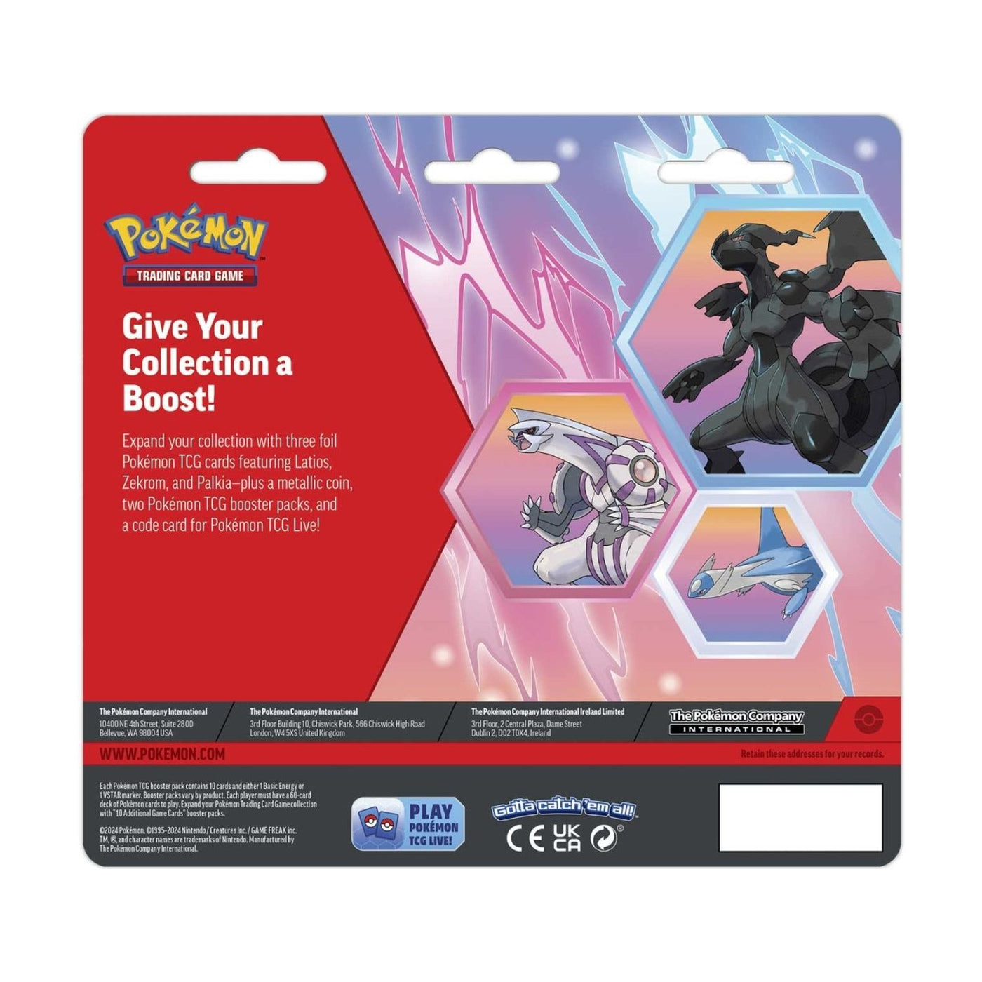 Back of 2026 Pokémon Latios, Zekrom & Palkia 2-Pack Blister showing product details, Pokémon artwork, and included contents