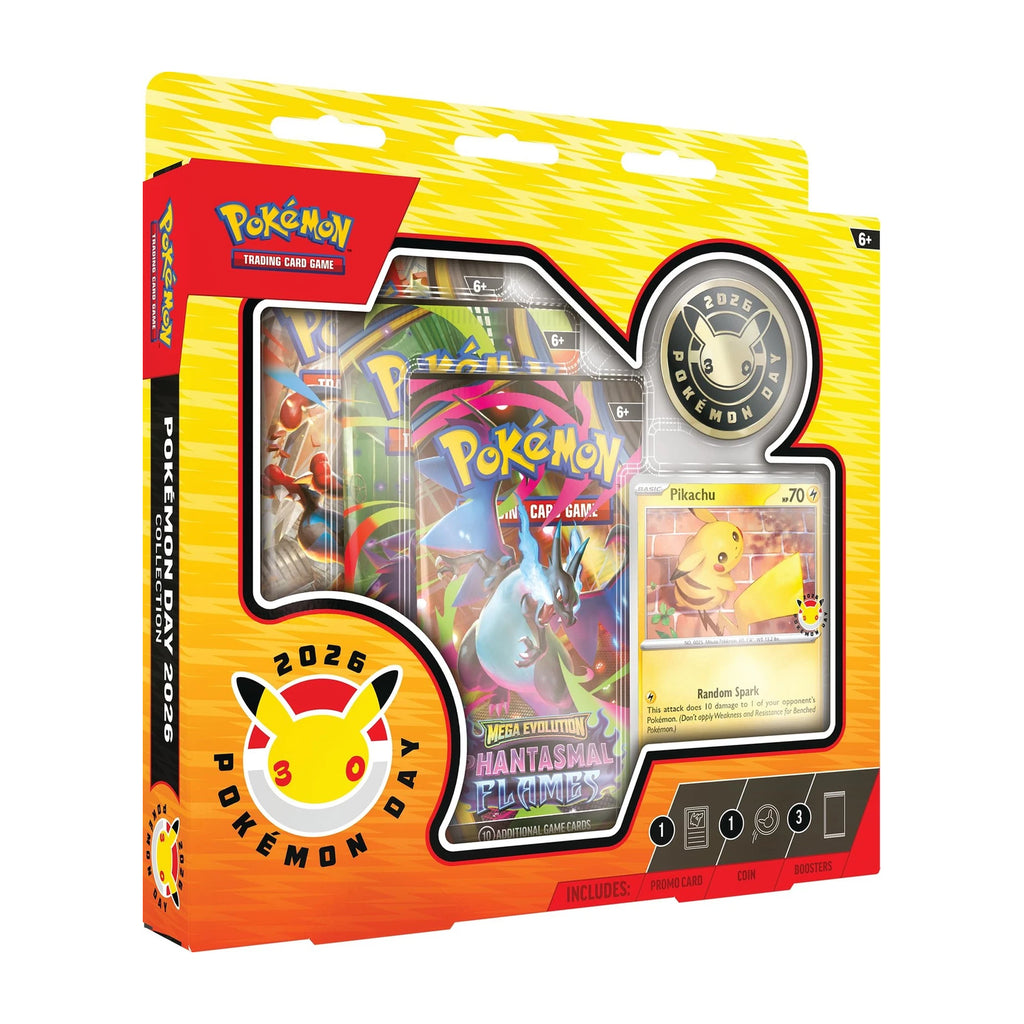 2026 Pokémon Day 30th Anniversary Collection factory-sealed box with Pikachu promo card, coin, and three booster packs