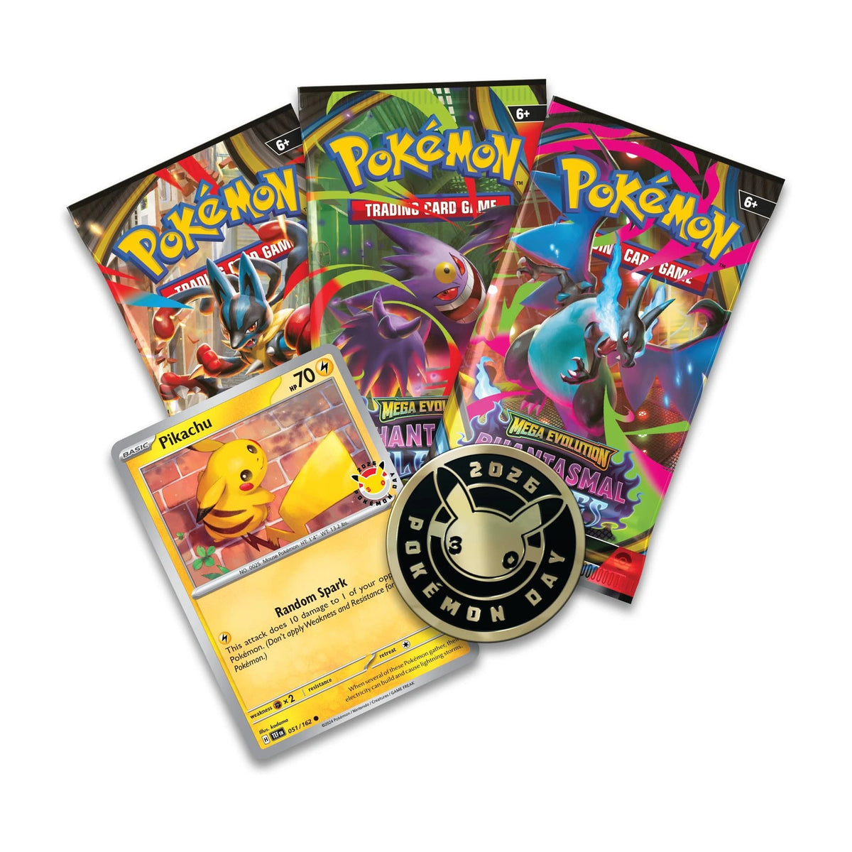 Pokémon Day 2026 Collection contents with three booster packs, stamped Pikachu promo card, and 30th anniversary coin
