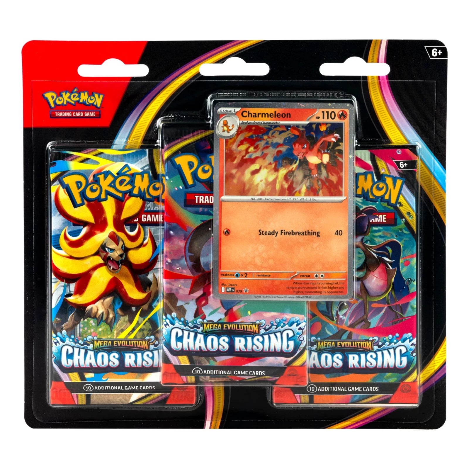 2026 Pokémon Mega Evolution: Chaos Rising Charmeleon 3-Pack Blister with three booster packs and Charmeleon promo card
