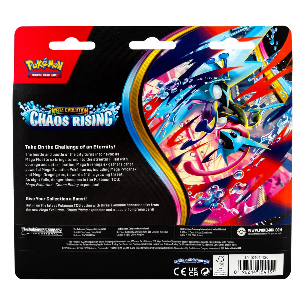 Back of 2026 Pokémon Mega Evolution: Chaos Rising Charmeleon 3-Pack Blister showing product packaging and contents information